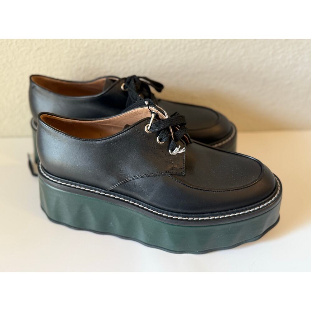 Marni Leather Lace-Up Platform Wedge Loafer Shoes Black / Green 38.5 / US 8 -NWT